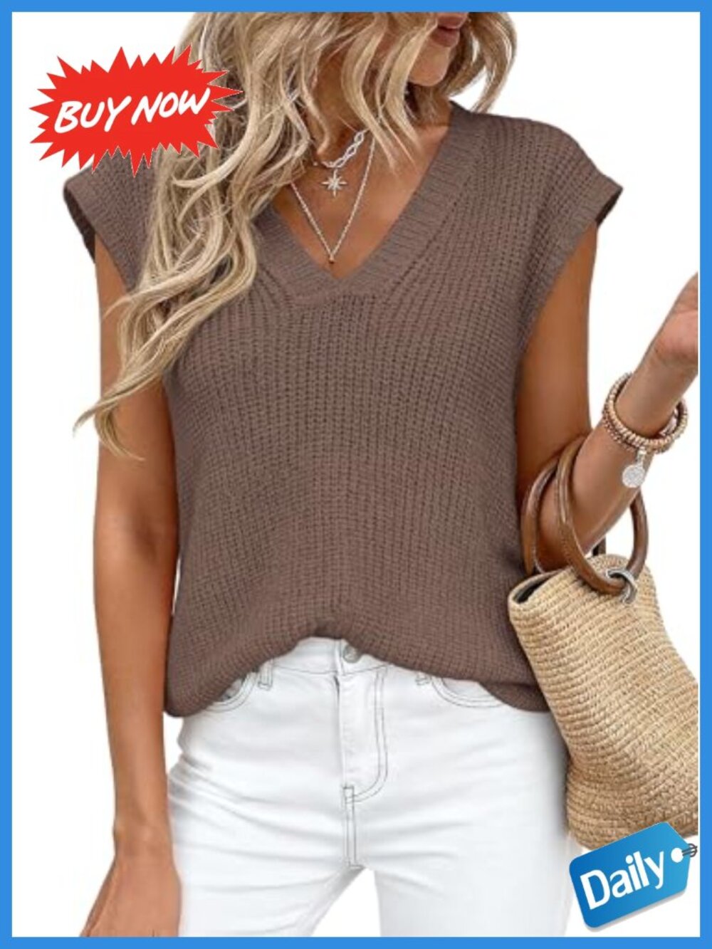 Cap Sleeve Sweater Vest V-Neck High Low Split Hem Knit Top
